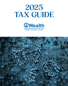 Cover of the 2025 Tax Guide with "iWealth" logo. Background features abstract blue digits and percent symbols.