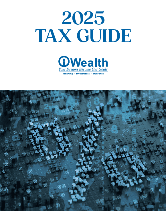 Cover of the 2025 Tax Guide with "iWealth" logo. Background features abstract blue digits and percent symbols.