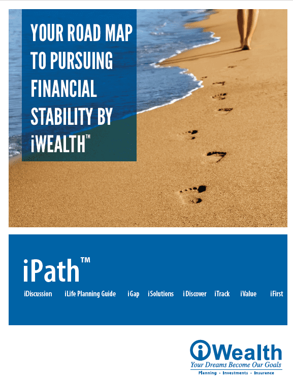 Beach footprints above text promoting financial stability by iWealth, featuring iPath services like iDiscover, iValue, and iFirst.