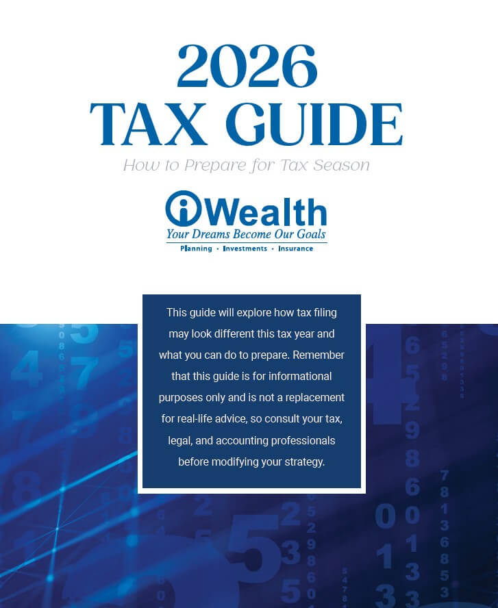 White and blue text describing the iWealth 2026 Tax Guide