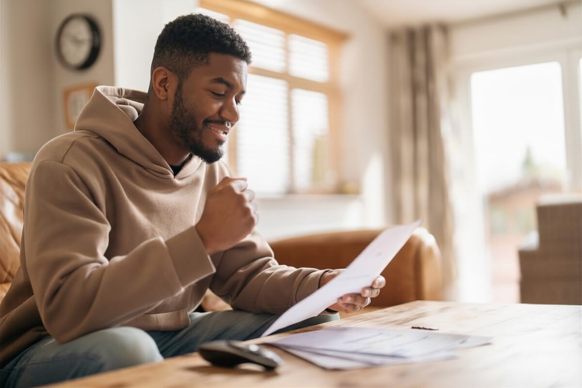 Man reviewing financial paperwork at home with a positive expression, illustrating purpose-driven financial planning, setting meaningful financial goals, budgeting decisions, and aligning money strategies with long-term life priorities and retirement planning in Minnesota.